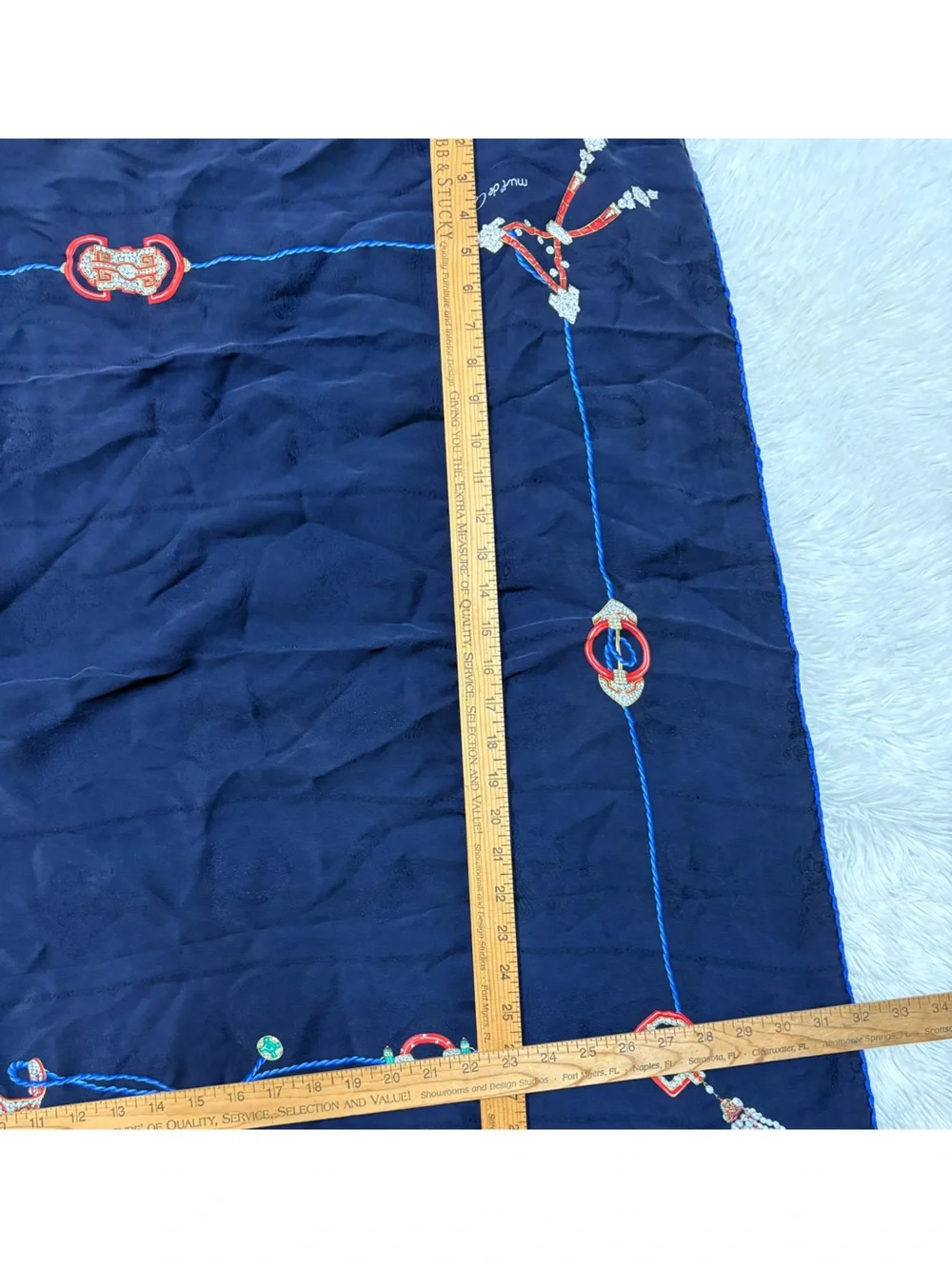 Navy Silk Scarf with Rope and Dot Print